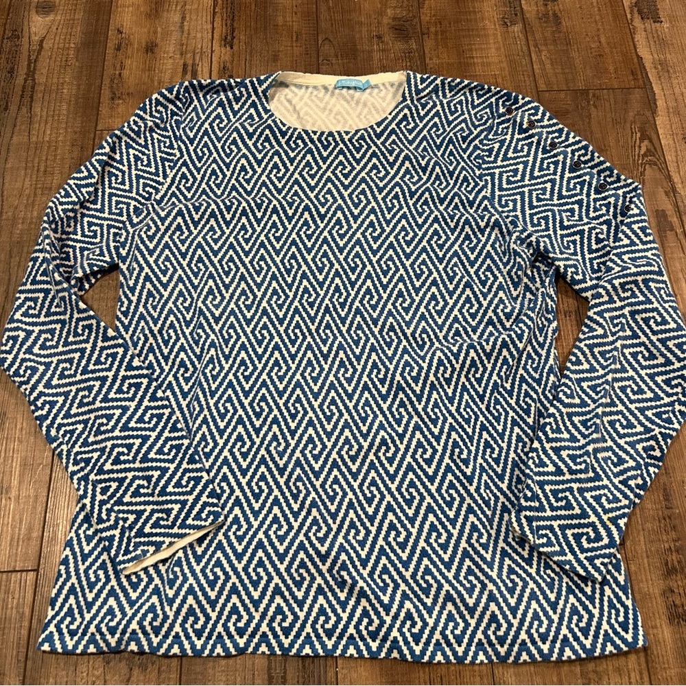 J. McLaughlin Long Sleeve Top Left Sleeve Buttons Blue White Geometric Women L‎